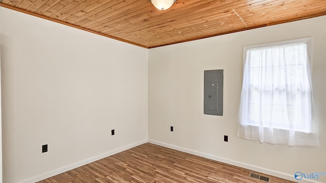 spare room featuring electric panel, visible vents, wooden ceiling, and wood finished floors