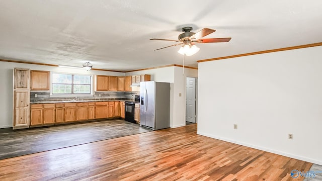 kitchen with wood finished floors, black range with electric cooktop, ceiling fan, and stainless steel fridge with ice dispenser