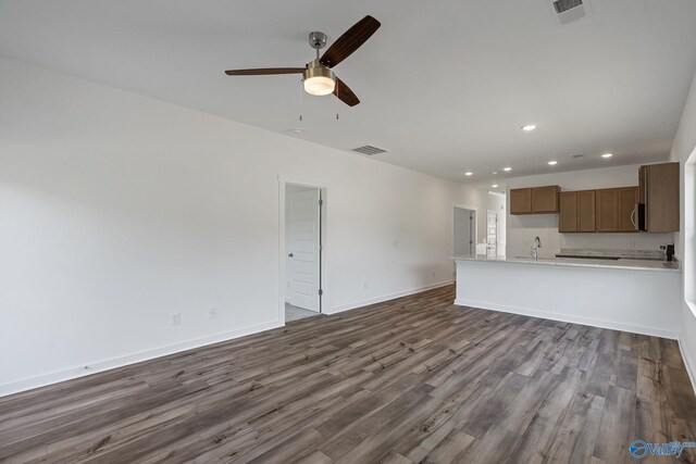 6219 Taramore Ln NW, Huntsville, AL 35806 - unfurnished living room featuring ceiling fan, a sink, visible vents, and dark wood-style flooring