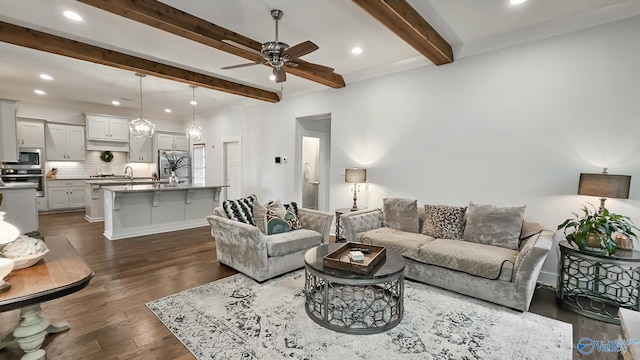 17583 Maree Dr, Athens, AL 35613 - living area with ceiling fan, recessed lighting, beamed ceiling, and dark wood finished floors