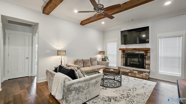 17583 Maree Dr, Athens, AL 35613 - living area featuring dark wood-style floors, a ceiling fan, visible vents, and beam ceiling