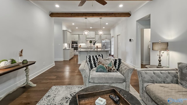 17583 Maree Dr, Athens, AL 35613 - living room featuring recessed lighting, baseboards, ceiling fan, beam ceiling, and dark wood-style floors