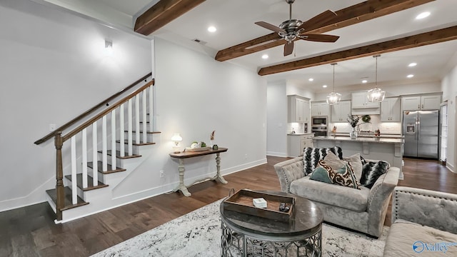 17583 Maree Dr, Athens, AL 35613 - living room with stairs, beam ceiling, recessed lighting, ceiling fan, and dark wood-style floors