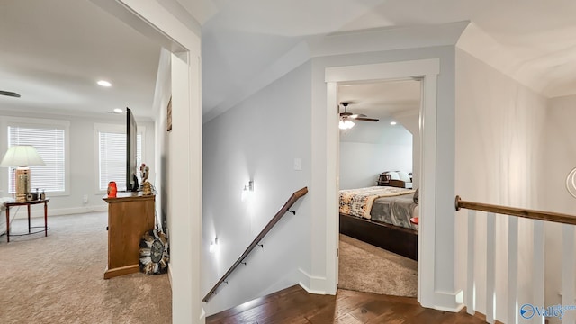 17583 Maree Dr, Athens, AL 35613 - hallway with recessed lighting, carpet, baseboards, wood finished floors, and an upstairs landing
