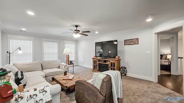 17583 Maree Dr, Athens, AL 35613 - living area featuring carpet flooring, a ceiling fan, crown molding, baseboards, and recessed lighting