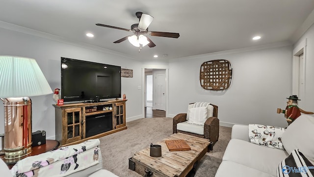 17583 Maree Dr, Athens, AL 35613 - living area with ornamental molding, carpet flooring, a ceiling fan, and recessed lighting