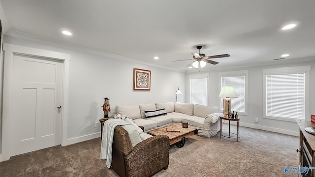 17583 Maree Dr, Athens, AL 35613 - living room with a ceiling fan, carpet flooring, recessed lighting, and baseboards