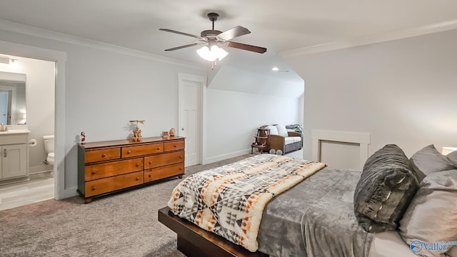17583 Maree Dr, Athens, AL 35613 - bedroom featuring ornamental molding, ceiling fan, light carpet, connected bathroom, and baseboards