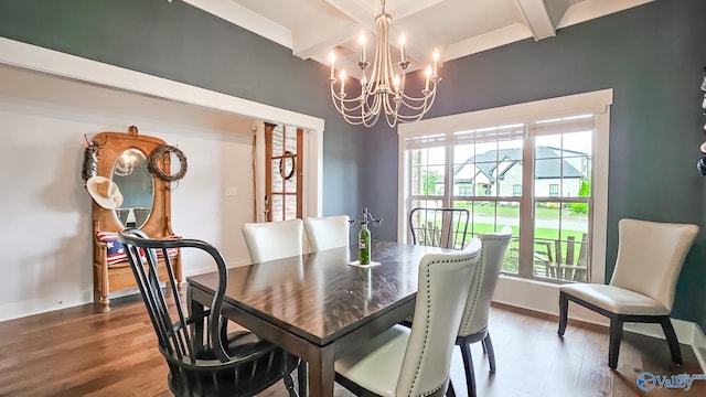 17583 Maree Dr, Athens, AL 35613 - dining space featuring wood finished floors, an inviting chandelier, beamed ceiling, coffered ceiling, and a high ceiling