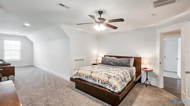 17583 Maree Dr, Athens, AL 35613 - carpeted bedroom featuring baseboards, ceiling fan, visible vents, and vaulted ceiling