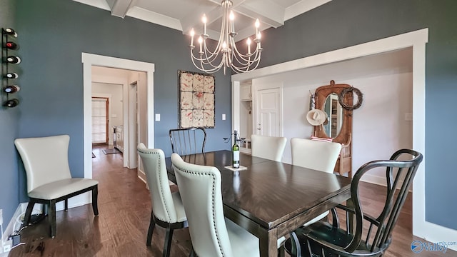 17583 Maree Dr, Athens, AL 35613 - dining space featuring wood finished floors, beam ceiling, a towering ceiling, an inviting chandelier, and baseboards
