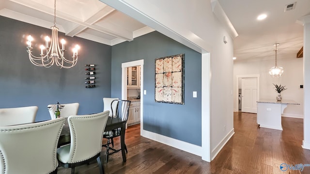 17583 Maree Dr, Athens, AL 35613 - dining space featuring visible vents, baseboards, beamed ceiling, a chandelier, and dark wood-style floors