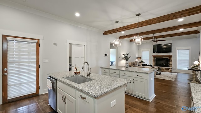 17583 Maree Dr, Athens, AL 35613 - kitchen featuring a ceiling fan, a sink, white cabinetry, dark wood-type flooring, and a center island with sink