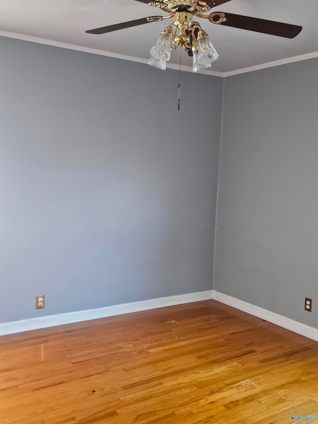 unfurnished room featuring ceiling fan, light wood-type flooring, and crown molding