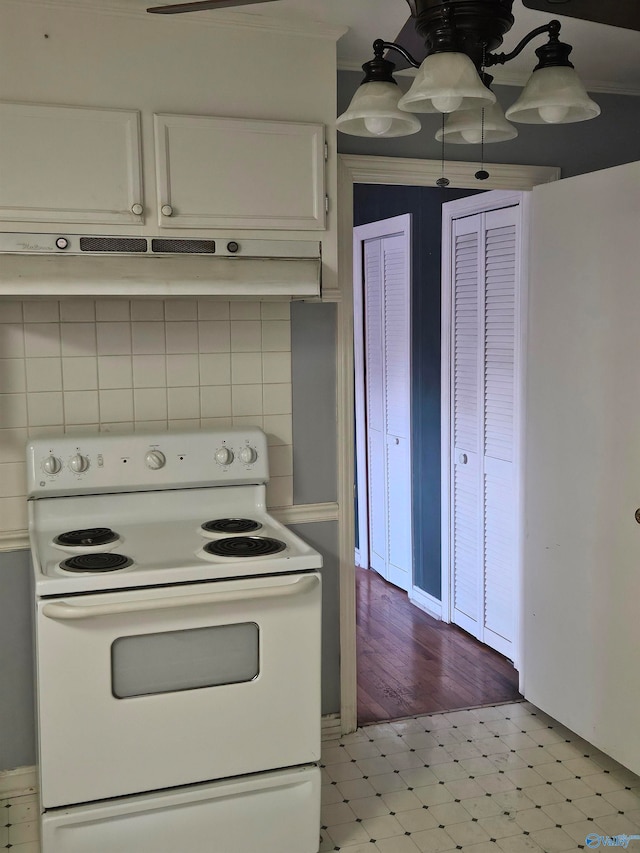 kitchen with ventilation hood, white electric stove, light wood-type flooring, tasteful backsplash, and white cabinetry