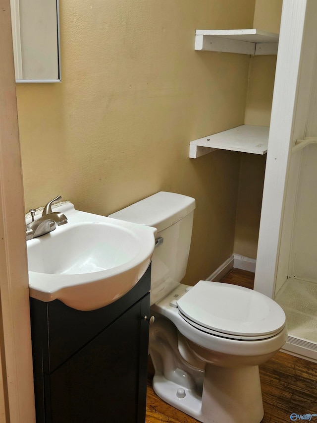 bathroom featuring vanity, toilet, and wood-type flooring