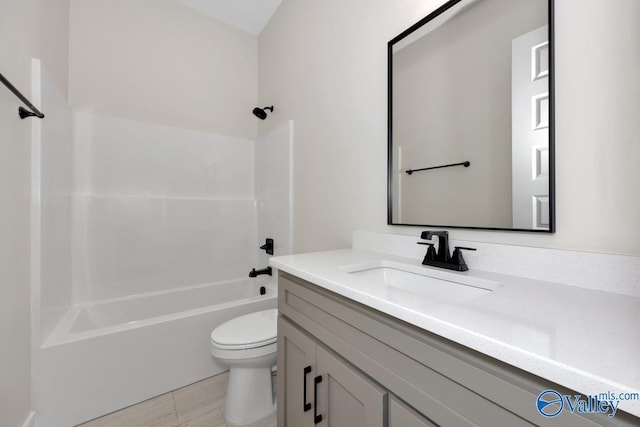 full bathroom with vanity,  shower combination, and toilet