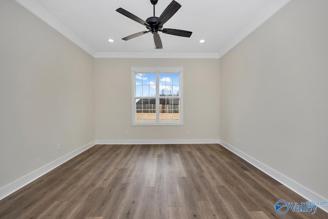 unfurnished room featuring crown molding, dark hardwood / wood-style floors, and ceiling fan