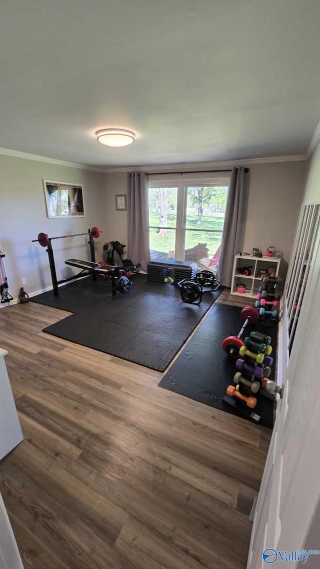 exercise area featuring baseboards, crown molding, and wood finished floors