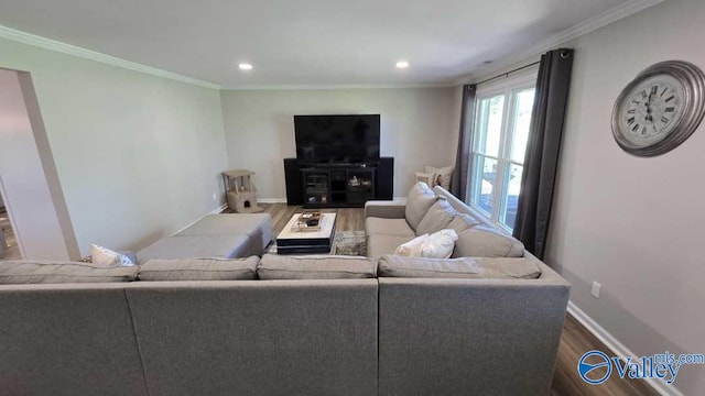 living area with crown molding, dark wood finished floors, and recessed lighting