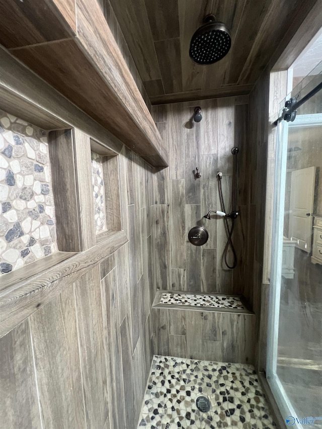 1020 County Road 92, Cedar Bluff, AL 35959 - bathroom with tiled shower and wooden ceiling
