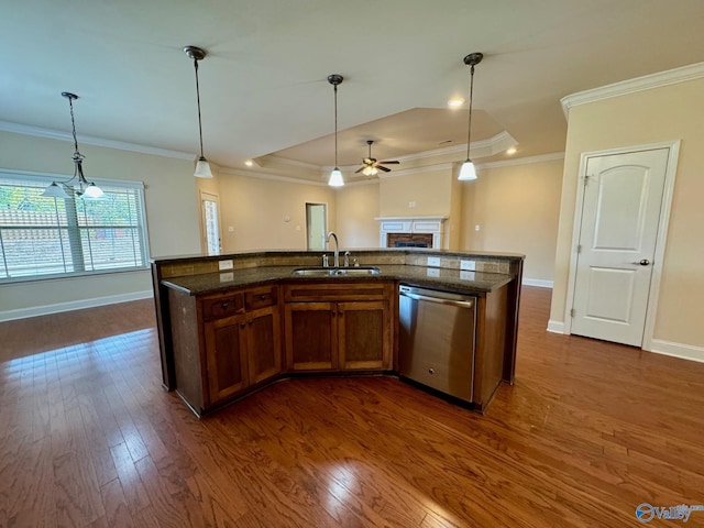 kitchen with a sink, dark wood-style flooring, dishwasher, and open floor plan