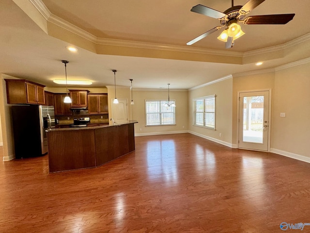 kitchen featuring stainless steel appliances, a tray ceiling, dark wood-type flooring, and crown molding