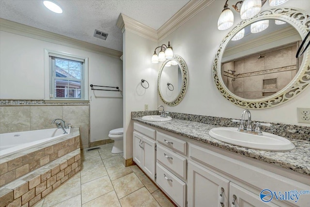 full bath featuring crown molding, a textured ceiling, visible vents, and a sink