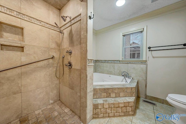 full bathroom with visible vents, toilet, a tile shower, crown molding, and a bath