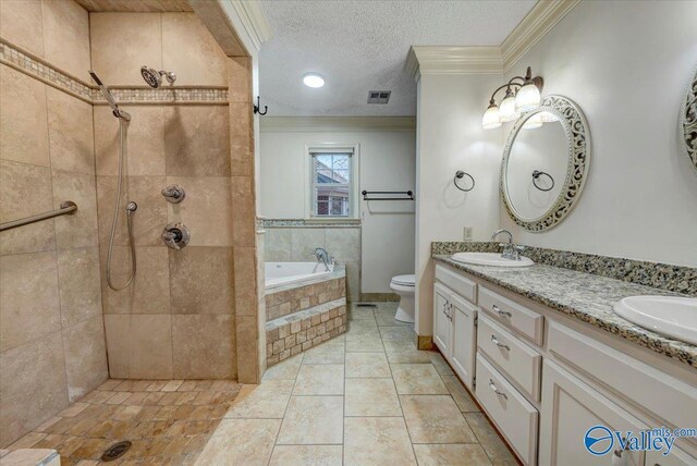 bathroom featuring crown molding, a textured ceiling, visible vents, and a sink