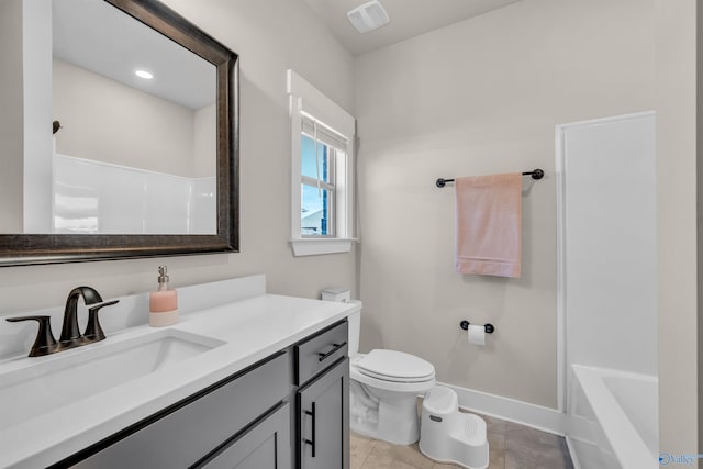 full bathroom with shower / bath combination, vanity, tile patterned flooring, and toilet