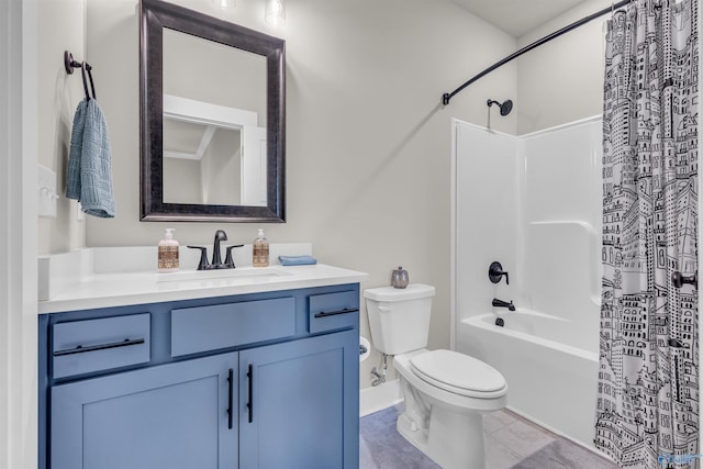 full bathroom featuring toilet, vanity, and shower / bathtub combination with curtain