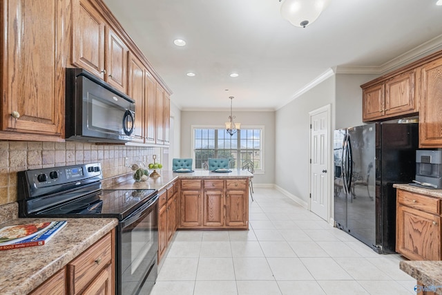 26409 Pepper Rd, Athens, AL 35613 - kitchen featuring light tile patterned floors, ornamental molding, tasteful backsplash, and black appliances