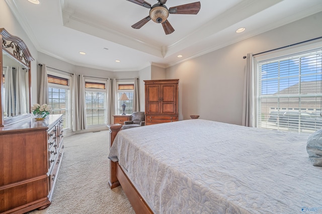 26409 Pepper Rd, Athens, AL 35613 - bedroom with crown molding, a ceiling fan, light carpet, a raised ceiling, and recessed lighting