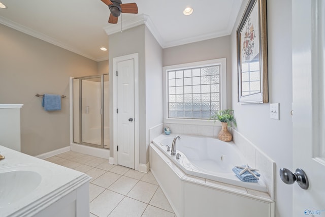 26409 Pepper Rd, Athens, AL 35613 - bathroom featuring tile patterned flooring, crown molding, a jetted tub, a stall shower, and ceiling fan