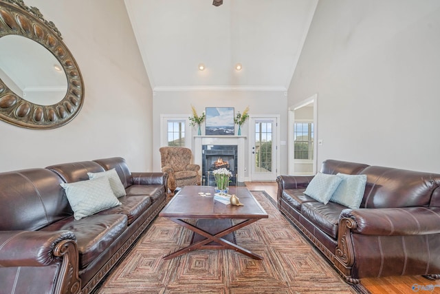 26409 Pepper Rd, Athens, AL 35613 - living area featuring high vaulted ceiling, a tiled fireplace, and ornamental molding