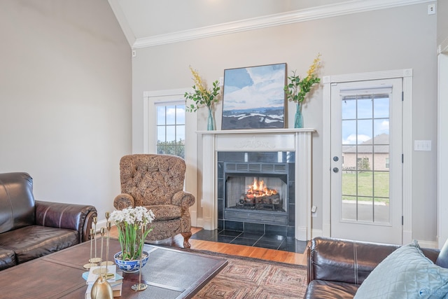 26409 Pepper Rd, Athens, AL 35613 - living area with baseboards, crown molding, wood finished floors, and a tiled fireplace