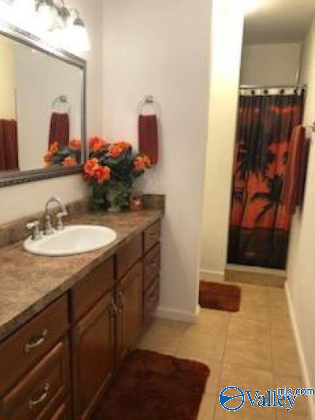 784 County Road 33, Fyffe, AL 35971 - bathroom featuring vanity, tile patterned flooring, baseboards, and a shower with shower curtain