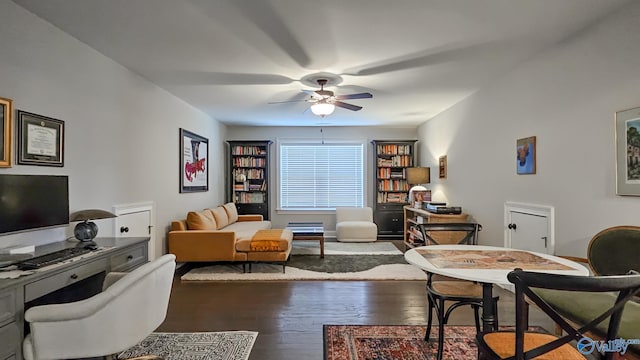 office with wood finished floors and ceiling fan