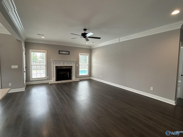 4359 Willow Bend Ln SE, Owens Cross Roads, AL 35763 - unfurnished living room with ceiling fan, crown molding, dark wood finished floors, recessed lighting, and a fireplace