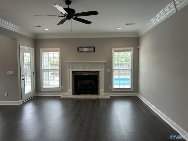4359 Willow Bend Ln SE, Owens Cross Roads, AL 35763 - unfurnished living room with dark wood-style floors, a stone fireplace, crown molding, a ceiling fan, and recessed lighting