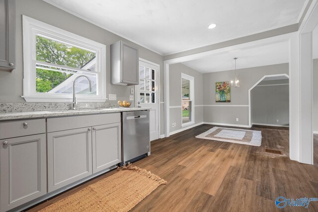 2017 Shady Lane Dr, Huntsville, AL 35810 - kitchen with pendant lighting, sink, gray cabinetry, dark hardwood / wood-style flooring, and stainless steel dishwasher