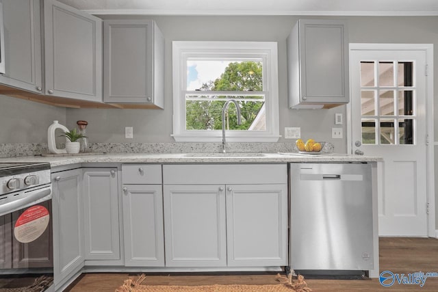 2017 Shady Lane Dr, Huntsville, AL 35810 - kitchen featuring light stone counters, sink, gray cabinets, and stainless steel appliances
