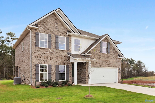 craftsman-style house featuring a front yard, central AC, and a garage