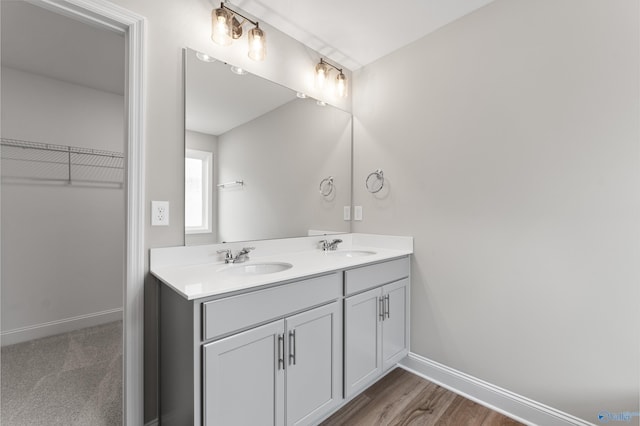29414 Canoe Cir, Harvest, AL 35749 - bathroom with double vanity, baseboards, a walk in closet, and wood finished floors