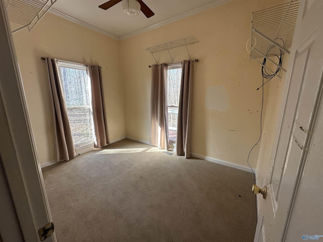 carpeted empty room featuring a healthy amount of sunlight, ceiling fan, and ornamental molding