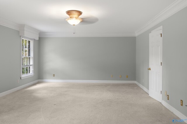 unfurnished room with ceiling fan, ornamental molding, and light carpet