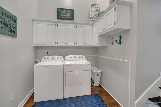 411 Darby Ave, Sheffield, AL 35660 - laundry room with baseboards, separate washer and dryer, cabinet space, and dark wood-style flooring