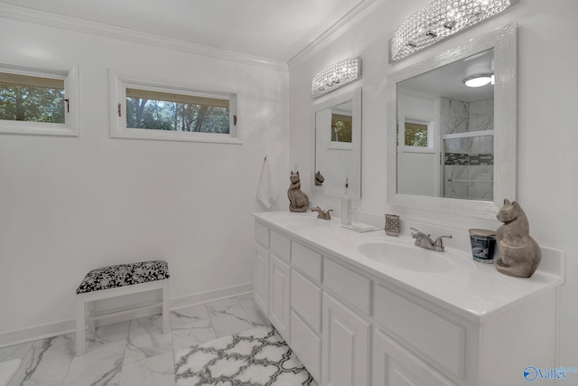 411 Darby Ave, Sheffield, AL 35660 - bathroom with baseboards, marble finish floor, a sink, and crown molding