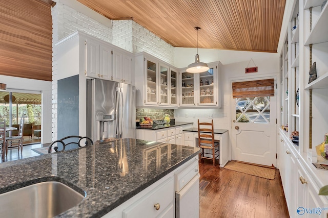 411 Darby Ave, Sheffield, AL 35660 - kitchen featuring stainless steel fridge with ice dispenser, pendant lighting, wood ceiling, and dark wood-style flooring